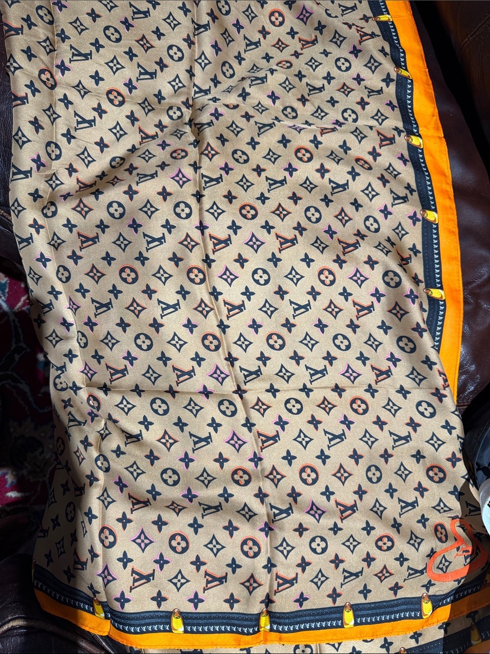 Designer-Inspired Brown & Orange Logo Print Silk Scarf